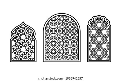 Oriental style windows with traditional Islamic geometric patterns. Silhouettes for carving on a white background. Vector illustration.