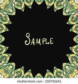Oriental stylized mandala frame in green and black. Kaleidoscopic ornament.  Template for menu, greeting card, invitation or cover.
