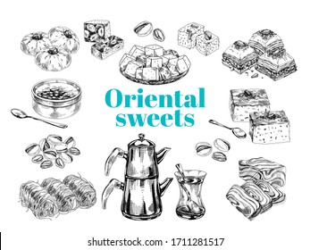 Oriental sweet desserts collection, retro hand drawn vector illustration. Set of traditional turkish cookies, pastries and confection, vintage sketch engraving on white background.