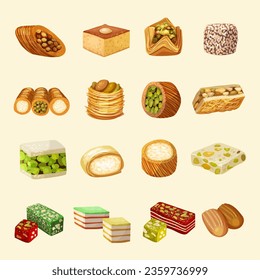 Oriental sweets. Baklava and rahat lakoum traditional arabic products recent vector pictures set