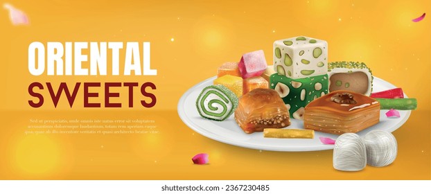 Oriental sweets composition with realistic turkish baklava nougat and other delights vector illustration