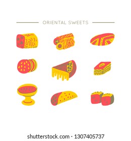 Oriental sweets hand drawn vector objects set. Illustration made in doodle style. Set of 
food objects for package, merch and other design. Modern concept of flat design.