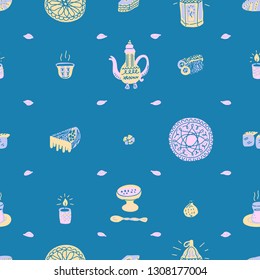 Oriental sweets hand drawn vector objects set. Illustration made in doodle style. Seamless pattern for package, merch and other design. Vector background.