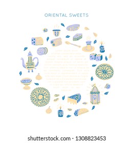 Oriental sweets hand drawn vector round frame. Vector handdrawn isolated circle concept. Illustration made in doodle style. Set of 
food objects for package, merch and other design.