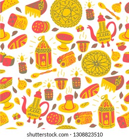 Oriental sweets hand drawn vector objects set. Illustration made in doodle style. Seamless pattern for package, merch and other design. Vector background.