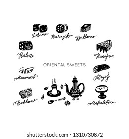 Oriental sweets hand drawn vector objects set. Illustration made in doodle style. Set of food objects for package, merch and other design. Modern concept of flat design.