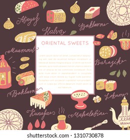 Oriental sweets hand drawn vector square frame. Vector handdrawn isolated rectangle concept. Illustration made in doodle style. Set of 
food objects for package, merch and other design.
