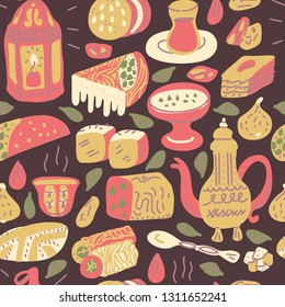 Oriental sweets hand drawn vector objects set. Illustration made in doodle style. Seamless pattern for package, merch and other design. Vector background.