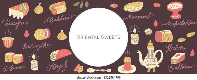 Oriental sweets hand drawn vector objects set. Illustration made in doodle style. Set of 
food objects for package, merch and other design.Vector Horizontal header web template.