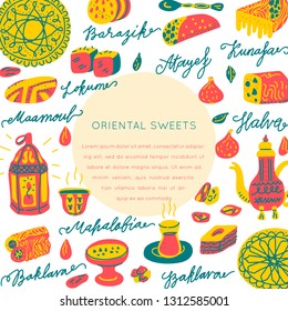 Oriental sweets hand drawn vector round frame. Vector handdrawn isolated circle concept. Illustration made in doodle style. Set of 
food objects for package, merch and other design.