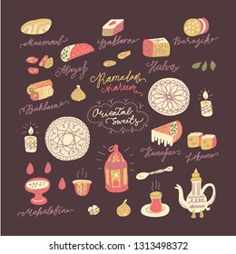 Oriental sweets hand drawn vector objects set. Illustration made in doodle style. Set of food objects for package, merch and other design. Modern concept of flat design.