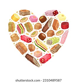 Oriental Sweets Heart Shaped Composition Design with Sugary Dessert Vector Template