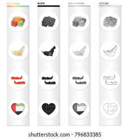 Oriental sweets, map of the territory, Arab Khussa, heart with Arabic symbols. United Arab Emirates set collection icons in cartoon black monochrome outline style vector symbol stock illustration web.