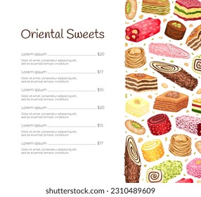 Oriental Sweets Menu Banner Design with Sugary Dessert Vector Template