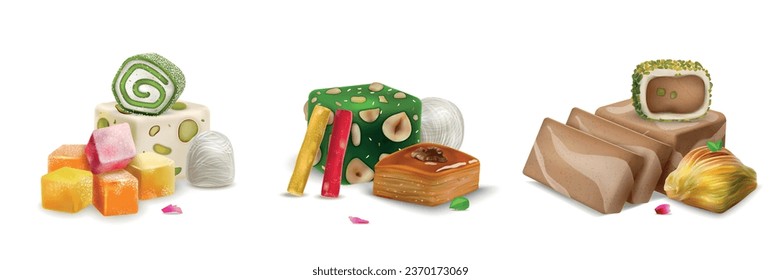 Oriental sweets realistic compositions consisting of turkish delight sherbet baklava halva isolated vector illustration