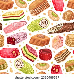 Oriental Sweets Seamless Pattern Design with Sugary Dessert Vector Template