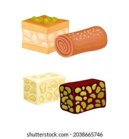 Oriental sweets set. Baklava and mafruka, east cuisine desserts cartoon vector illustration