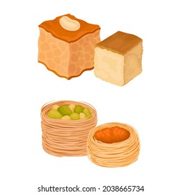 Oriental sweets set. East cuisine desserts, basbousa and birds nest cartoon vector illustration