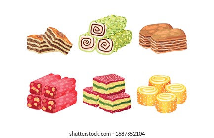 Oriental Sweets and Turkish Delights with Baklava Vector Set