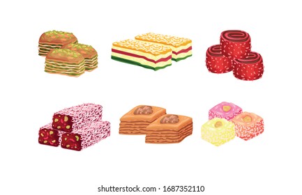 Oriental Sweets and Turkish Delights with Baklava Vector Set