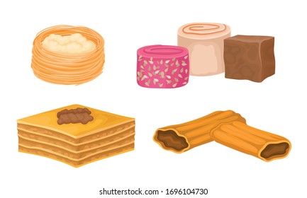 Oriental Sweets and Turkish Delights with Baklava and Rahat Lakoum Vector Set