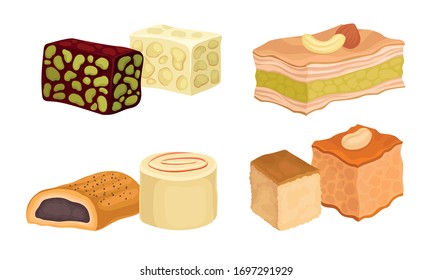 Oriental Sweets and Turkish Delights with Baklava and Rahat Lakoum Vector Set