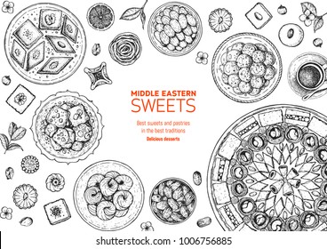 Oriental sweets vector illustration. Middle eastern food, hand drawn sketch. Linear graphic. Food menu background.