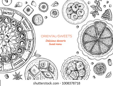 Oriental sweets vector illustration. Middle eastern food, hand drawn sketch. Linear graphic. Food menu background.