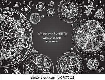 Oriental sweets vector illustration. Middle eastern food, hand drawn sketch. Linear graphic. Food menu background.