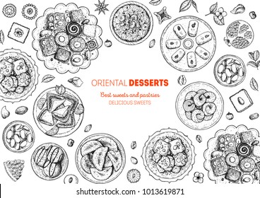 Ilustración vectorial de caramelos orientales. Comida del Medio Oriente, boceto dibujado a mano. Gráfico lineal. Fondo del menú de comida. Plantilla de diseño de estilo grabado.