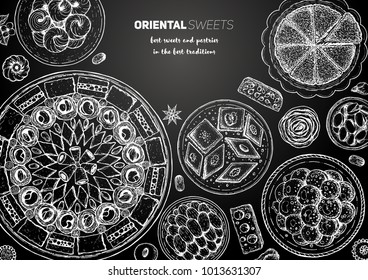 Oriental sweets vector illustration. Middle eastern food, hand drawn sketch. Linear graphic. Food menu background.