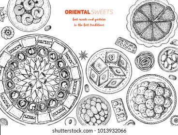 Oriental sweets vector illustration. Middle eastern food, hand drawn sketch. Linear graphic. Food menu background.