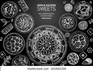 Oriental sweets vector illustration. Middle eastern food, hand drawn sketch. Linear graphic. Food menu background. Engraved style design template.