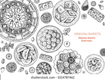 Oriental sweets vector illustration. Middle eastern food, hand drawn sketch. Linear graphic. Food menu background. Engraved style design template.