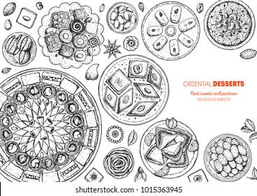 Dibujo vectorial de caramelos orientales. Comida del Medio Oriente, boceto hecho a mano. Gráfico lineal. Fondo del menú de comida. Plantilla de diseño de estilo grabado.