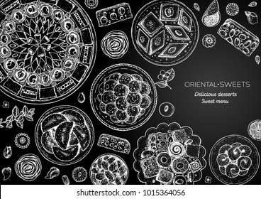 Dibujo vectorial de caramelos orientales. Comida del Medio Oriente, boceto hecho a mano. Gráfico lineal. Fondo del menú de comida. Plantilla de diseño de estilo grabado.