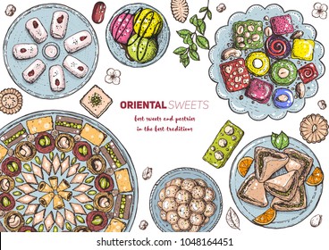 Oriental sweets vector illustration. Middle eastern food, hand drawn. Linear graphic. Food menu background. Colorful vector illustration. EPS10