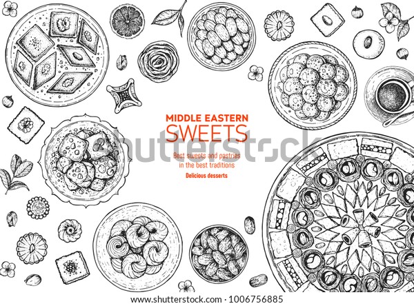東洋のスイーツベクターイラスト 中東の食べ物 手描きのスケッチ 線形グラフィック 食べ物メニューの背景 のベクター画像素材 ロイヤリティフリー