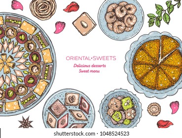 Oriental sweets vector illustration, top view. Middle eastern food, hand drawn. Colorful design template. Food menu background. EPS10