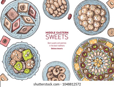 Oriental sweets vector illustration, top view. Middle eastern food, hand drawn. Colorful design template. Food menu background. EPS10