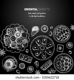 Oriental sweets vector illustration, top view. Middle eastern food, hand drawn sketch. Linear graphic. Food menu background. Engraved style design template.