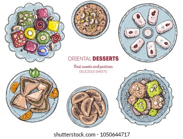 Oriental sweets vector illustration, top view. Middle eastern food, hand drawn. Food menu background. Colorful design template. EPS10