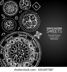 Oriental sweets vector illustration, top view. Middle eastern food, hand drawn sketch. Linear graphic. Food menu background.