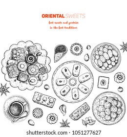 Oriental sweets vector illustration, top view. Middle eastern food, hand drawn sketch. Linear graphic. Food menu background. Engraved style design template.