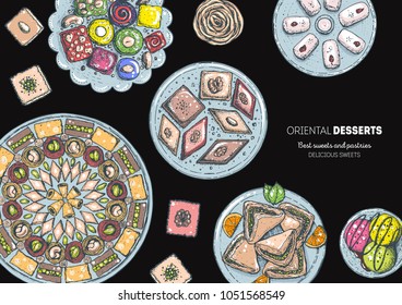 Oriental sweets vector illustration, top view. Middle eastern food, hand drawn. Food menu background. Colorful design template. EPS10