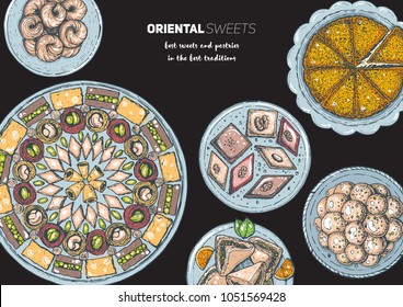 Oriental sweets vector illustration, top view. Middle eastern food, hand drawn. Food menu background. Colorful design template. EPS10