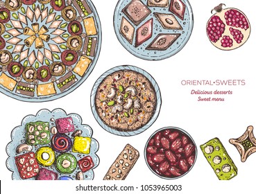 Oriental sweets vector illustration, top view. Middle eastern food, hand drawn. Food menu background. Colorful design template. EPS10