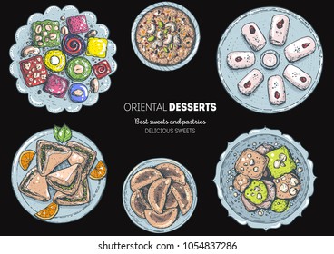 Oriental sweets vector illustration, top view. Middle eastern food, hand drawn. Food menu background. Colorful design template. EPS10