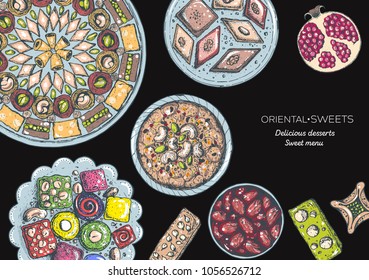 Oriental sweets vector illustration, top view. Middle eastern food, hand drawn. Food menu background. Colorful design template. EPS10