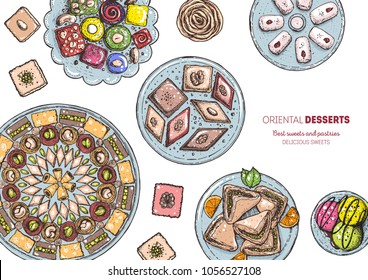 Oriental sweets vector illustration, top view. Middle eastern food, hand drawn. Food menu background. Colorful design template. EPS10